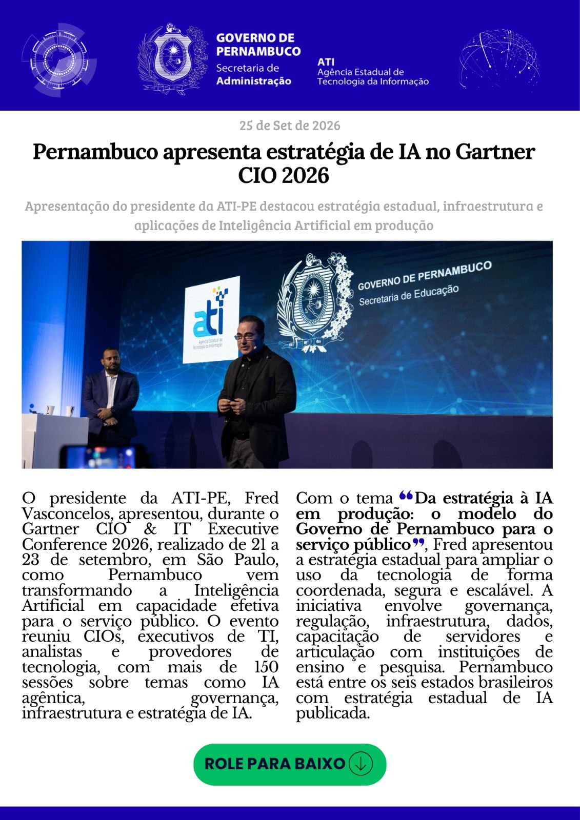 Pernambuco apresenta estratégia de Inteligência Artificial em produção durante o Gartner CIO 2026